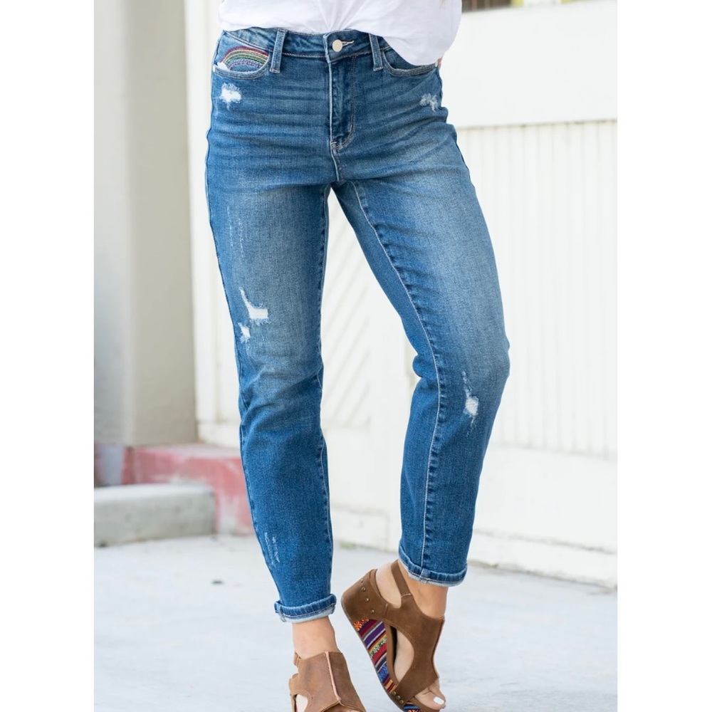 JUDY BLUE High Waist Rainbow Crop Distressed Straight Leg Blue Jeans 0/24 NWT